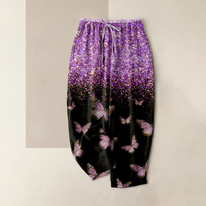 Buddha Stones Pantaloni da donna in puro cotone con elastico in vita e motivo a farfalle sfumate, con tasche. - Orchidea scura - US16, UK/AU20, EU48 (3XL) - image 5