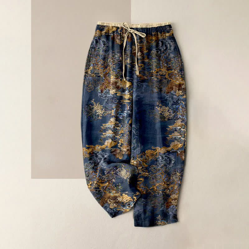 Buddha Stones Pantaloni da donna in puro cotone con elastico in vita e tasche, fantasia orientale "Nuvola Dorata". - Marina - US16, UK/AU20, EU48 (3XL) - image 0