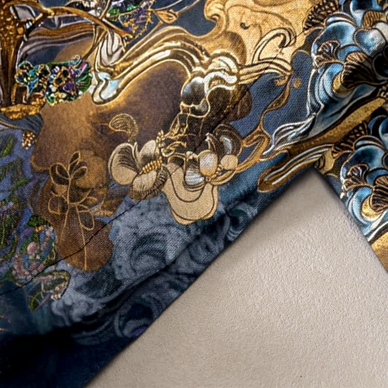 Buddha Stones Pantaloni da donna in puro cotone con elastico in vita e tasche, fantasia orientale "Nuvola Dorata". - image 2