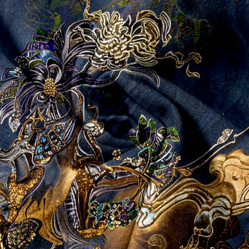 Buddha Stones Pantaloni da donna in puro cotone con elastico in vita e tasche, fantasia orientale "Nuvola Dorata". - image 3