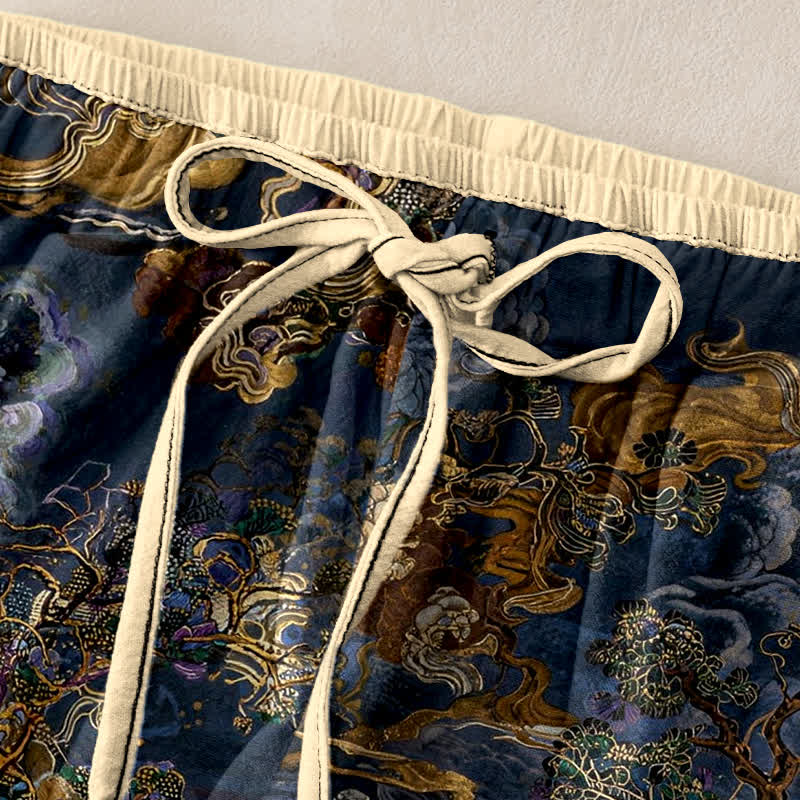 Buddha Stones Pantaloni da donna in puro cotone con elastico in vita e tasche, fantasia orientale "Nuvola Dorata". - image 1