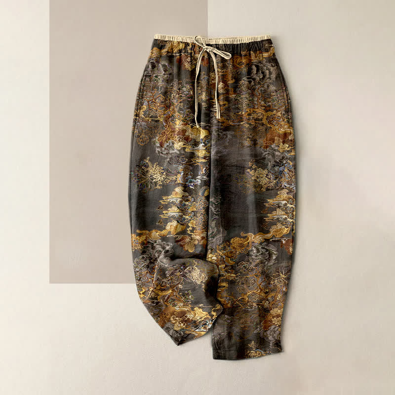 Buddha Stones Pantaloni da donna in puro cotone con elastico in vita e tasche, fantasia orientale "Nuvola Dorata". - Grigio tenue - US16, UK/AU20, EU48 (3XL) - image 4