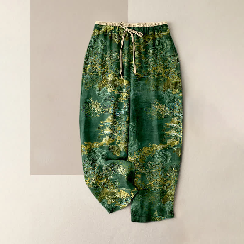 Buddha Stones Pantaloni da donna in puro cotone con elastico in vita e tasche, fantasia orientale "Nuvola Dorata". - Verde studentesco - US16, UK/AU20, EU48 (3XL) - image 5