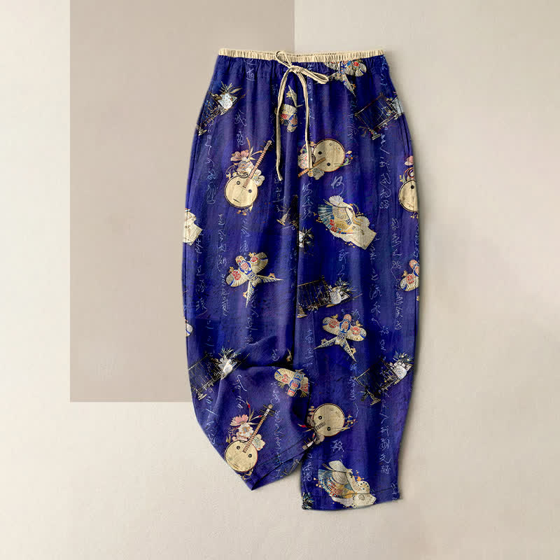 Buddha Stones Pantaloni da donna in puro cotone con mini fantasia floreale e vita elasticizzata, con tasche. - Blu reale - US16, UK/AU20, EU48 (3XL) - image 0