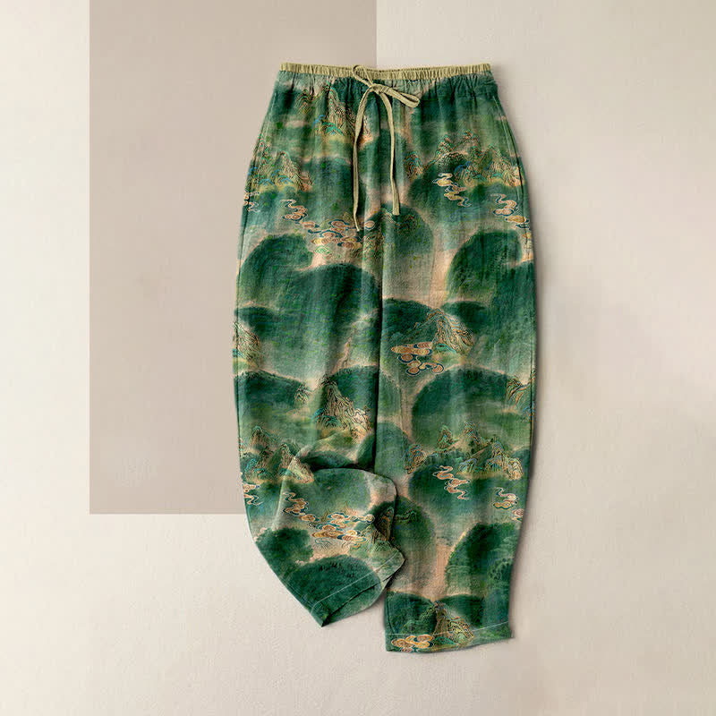 Buddha Stones Pantaloni da donna in puro cotone con motivo montano, elastico in vita e tasche. - Verde studentesco - US16, UK/AU20, EU48 (3XL) - image 0