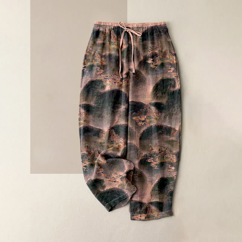 Buddha Stones Pantaloni da donna in puro cotone con motivo montano, elastico in vita e tasche. - PeachPuff - US16, UK/AU20, EU48 (3XL) - image 3