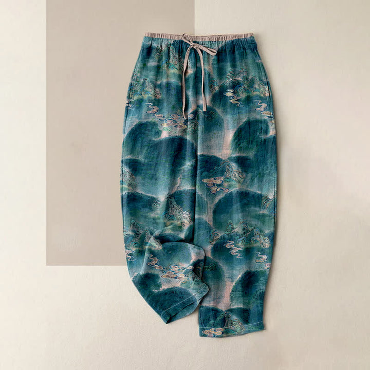 Buddha Stones Pantaloni da donna in puro cotone con motivo montano, elastico in vita e tasche. - Verde acqua - US16, UK/AU20, EU48 (3XL) - image 4