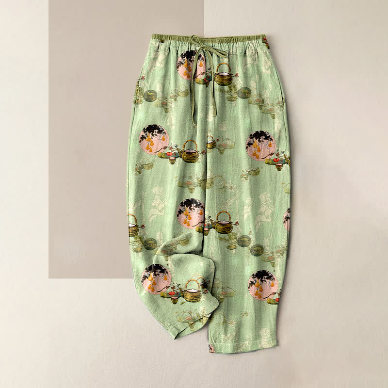 Buddha Stones Pantaloni da donna in puro cotone con elastico in vita e tasche, fantasia floreale orientale a cestino. - Verde pallido - US16, UK/AU20, EU48 (3XL) - image 0