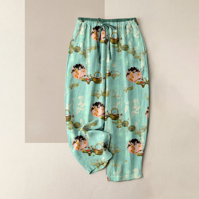 Buddha Stones Pantaloni da donna in puro cotone con elastico in vita e tasche, fantasia floreale orientale a cestino. - Turchese - US16, UK/AU20, EU48 (3XL) - image 3