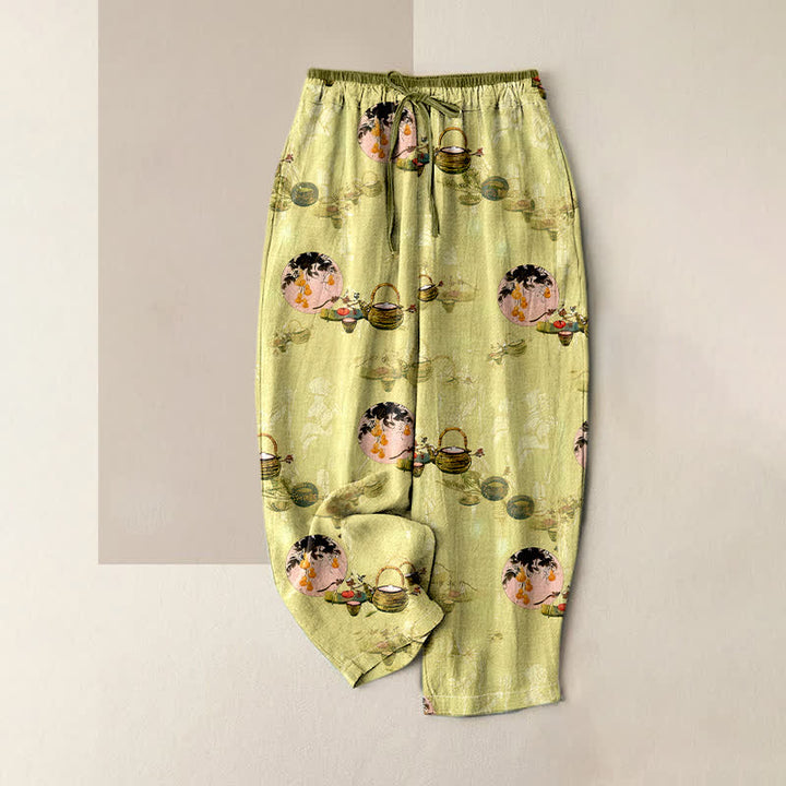 Buddha Stones Pantaloni da donna in puro cotone con elastico in vita e tasche, fantasia floreale orientale a cestino. - Cachi - US16, UK/AU20, EU48 (3XL) - image 4