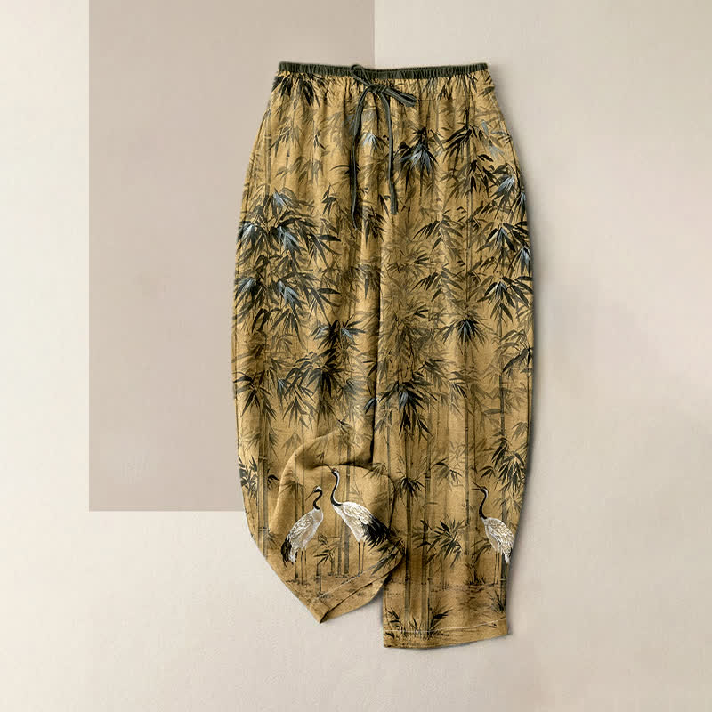 Buddha Stones Pantaloni da donna in puro cotone con elastico in vita e tasche, fantasia orientale con gru di bambù. - Cachi - US16, UK/AU20, EU48 (3XL) - image 0