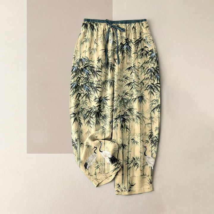 Buddha Stones Pantaloni da donna in puro cotone con elastico in vita e tasche, fantasia orientale con gru di bambù. - Avorio - US16, UK/AU20, EU48 (3XL) - image 3