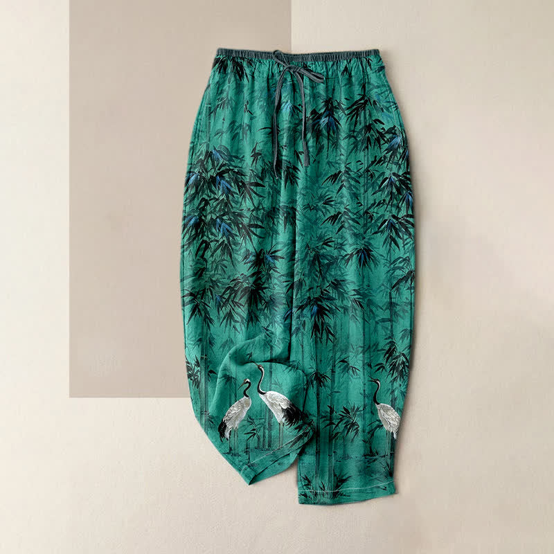 Buddha Stones Pantaloni da donna in puro cotone con elastico in vita e tasche, fantasia orientale con gru di bambù. - Turchese - US16, UK/AU20, EU48 (3XL) - image 4