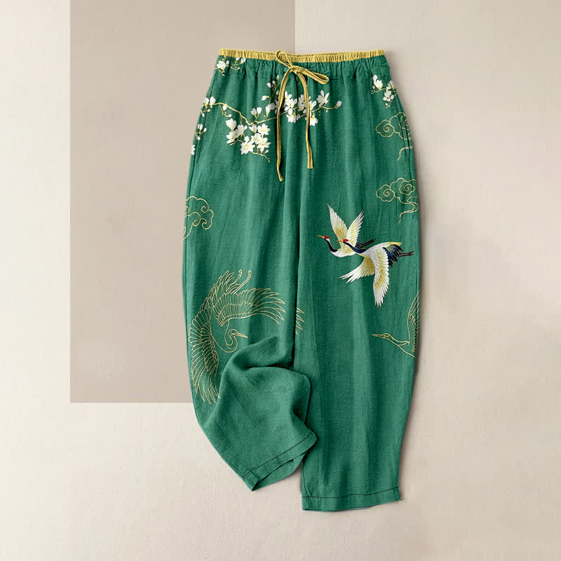 Buddha Stones Pantaloni da donna in puro cotone con motivo floreale e gru volanti, con elastico in vita e tasche. - Verde studentesco - US16, UK/AU20, EU48 (3XL) - image 0