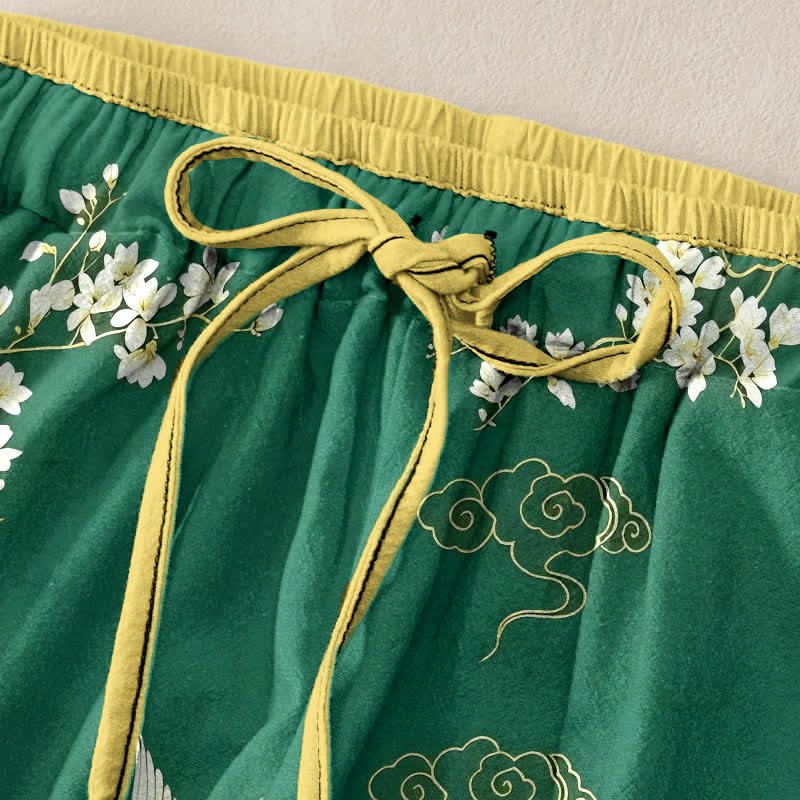 Buddha Stones Pantaloni da donna in puro cotone con motivo floreale e gru volanti, con elastico in vita e tasche. - image 1