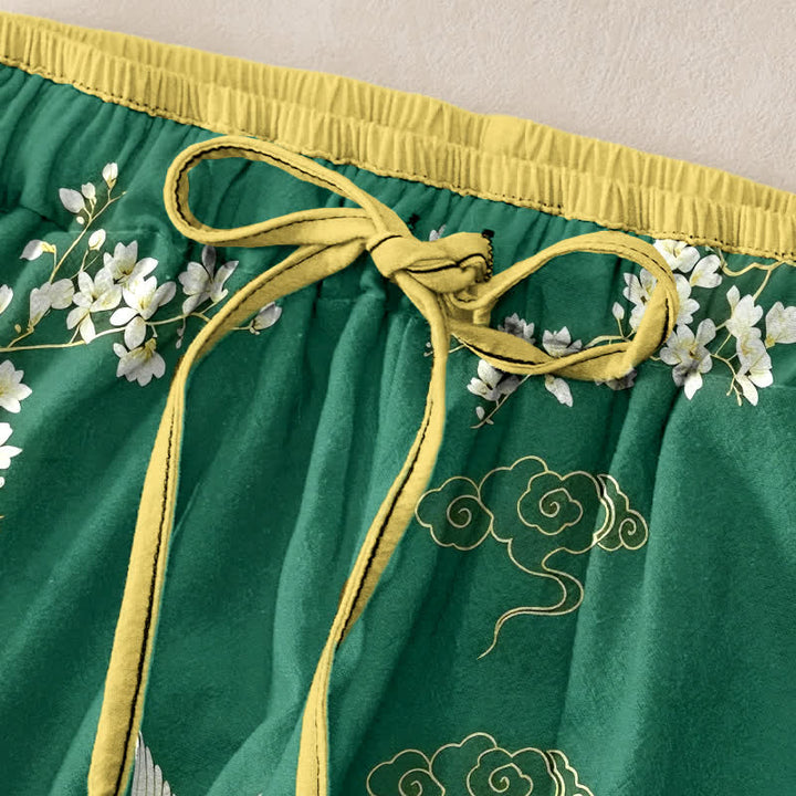Buddha Stones Pantaloni da donna in puro cotone con motivo floreale e gru volanti, con elastico in vita e tasche. - image 1