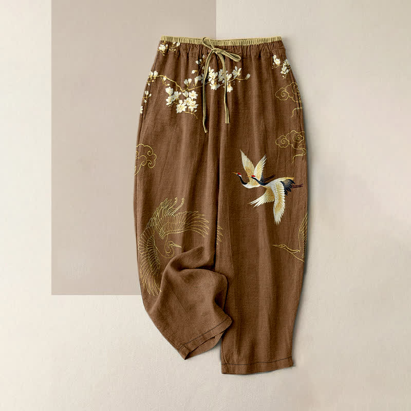 Buddha Stones Pantaloni da donna in puro cotone con motivo floreale e gru volanti, con elastico in vita e tasche. - Marrone - US16, UK/AU20, EU48 (3XL) - image 4