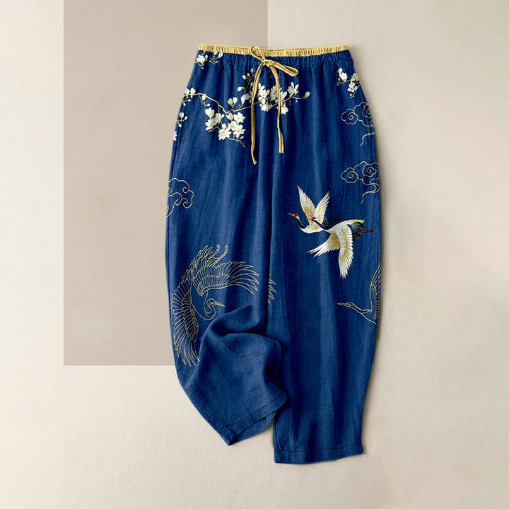 Buddha Stones Pantaloni da donna in puro cotone con motivo floreale e gru volanti, con elastico in vita e tasche. - Marina - US16, UK/AU20, EU48 (3XL) - image 5