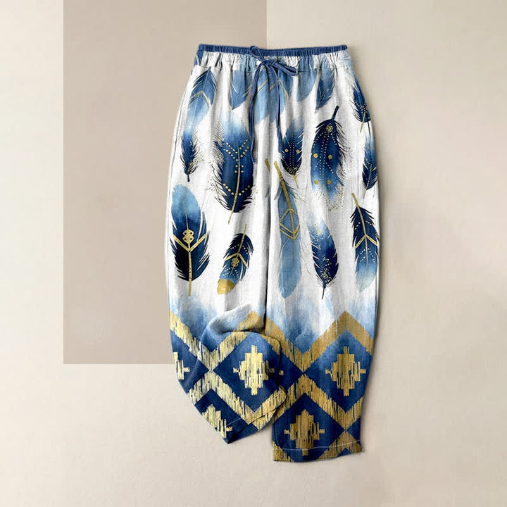 Buddha Stones Pantaloni da donna in puro cotone, blu navy, con elastico in vita e tasche, fantasia a piume e bordo dorato. - Bianco - US16, UK/AU20, EU48 (3XL) - image 0