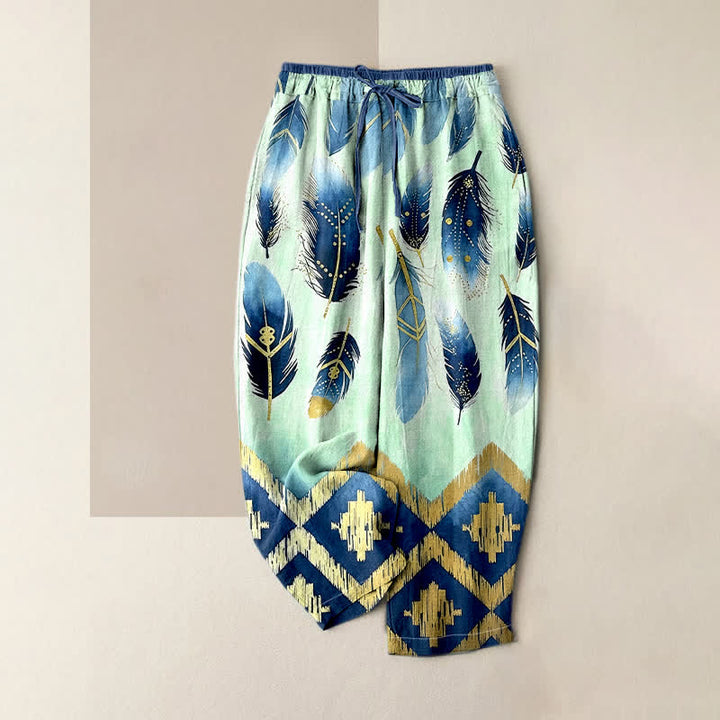 Buddha Stones Pantaloni da donna in puro cotone, blu navy, con elastico in vita e tasche, fantasia a piume e bordo dorato. - Acquamarina - US16, UK/AU20, EU48 (3XL) - image 3