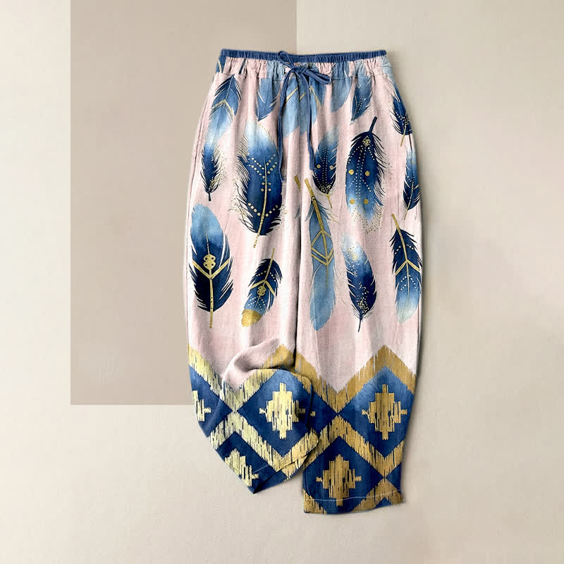 Buddha Stones Pantaloni da donna in puro cotone, blu navy, con elastico in vita e tasche, fantasia a piume e bordo dorato. - Rosa chiaro - US16, UK/AU20, EU48 (3XL) - image 4