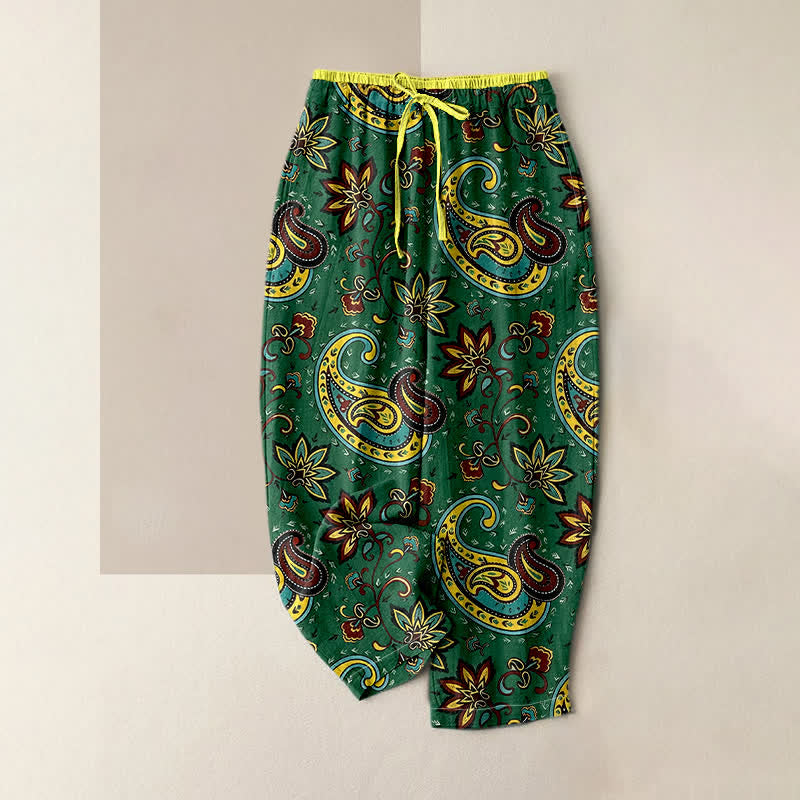 Buddha Stones Pantaloni harem da donna in puro cotone con elastico in vita e tasche, fantasia floreale paisley. - Verde studentesco - US16, UK/AU20, EU48 (3XL) - image 0