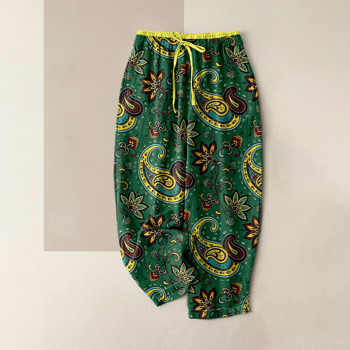 Buddha Stones Pantaloni harem da donna in puro cotone con elastico in vita e tasche, fantasia floreale paisley. - Verde studentesco - US16, UK/AU20, EU48 (3XL) - image 0
