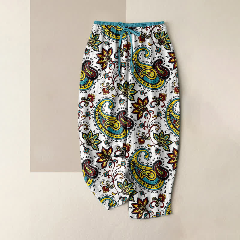 Buddha Stones Pantaloni harem da donna in puro cotone con elastico in vita e tasche, fantasia floreale paisley. - Bianco - US16, UK/AU20, EU48 (3XL) - image 3