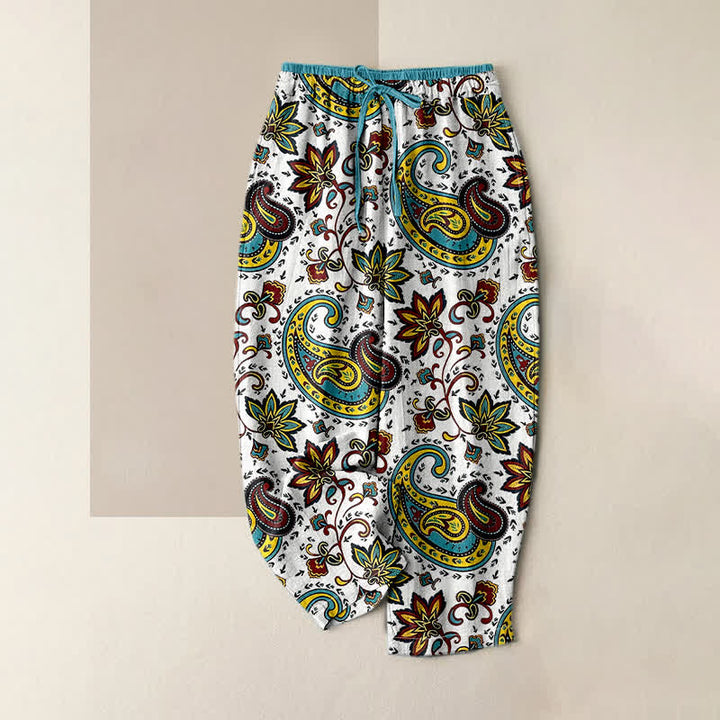 Buddha Stones Pantaloni harem da donna in puro cotone con elastico in vita e tasche, fantasia floreale paisley. - Bianco - US16, UK/AU20, EU48 (3XL) - image 3