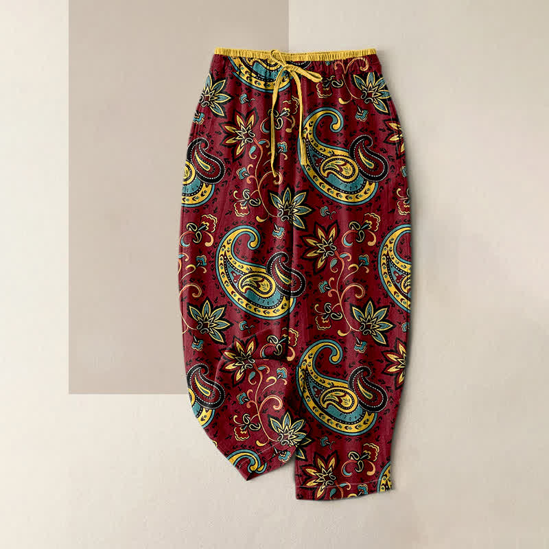 Buddha Stones Pantaloni harem da donna in puro cotone con elastico in vita e tasche, fantasia floreale paisley. - Marrone - US16, UK/AU20, EU48 (3XL) - image 4