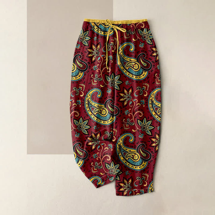 Buddha Stones Pantaloni harem da donna in puro cotone con elastico in vita e tasche, fantasia floreale paisley. - Marrone - US16, UK/AU20, EU48 (3XL) - image 4