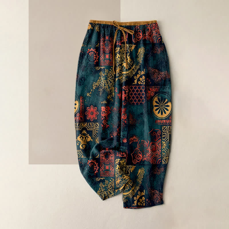 Buddha Stones Pantaloni da donna in cotone con fantasia floreale e vita elasticizzata, con tasche. - Verde acqua - US16, UK/AU20, EU48 (3XL) - image 0