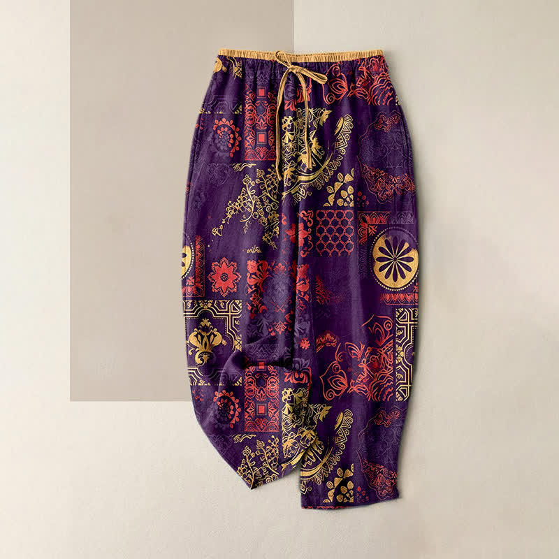 Buddha Stones Pantaloni da donna in cotone con fantasia floreale e vita elasticizzata, con tasche. - Viola - US16, UK/AU20, EU48 (3XL) - image 4