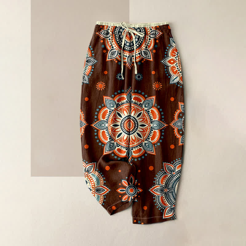 Buddha Stones Pantaloni da donna in puro cotone con elastico in vita e tasche, fantasia floreale mandala. - Marrone - US16, UK/AU20, EU48 (3XL) - image 0