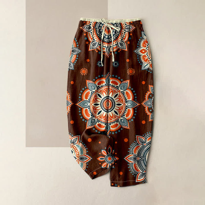 Buddha Stones Pantaloni da donna in puro cotone con elastico in vita e tasche, fantasia floreale mandala. - Marrone - US16, UK/AU20, EU48 (3XL) - image 0