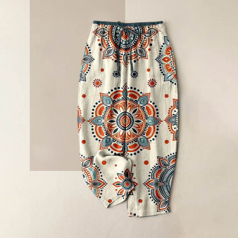 Buddha Stones Pantaloni da donna in puro cotone con elastico in vita e tasche, fantasia floreale mandala. - Avorio - US16, UK/AU20, EU48 (3XL) - image 3
