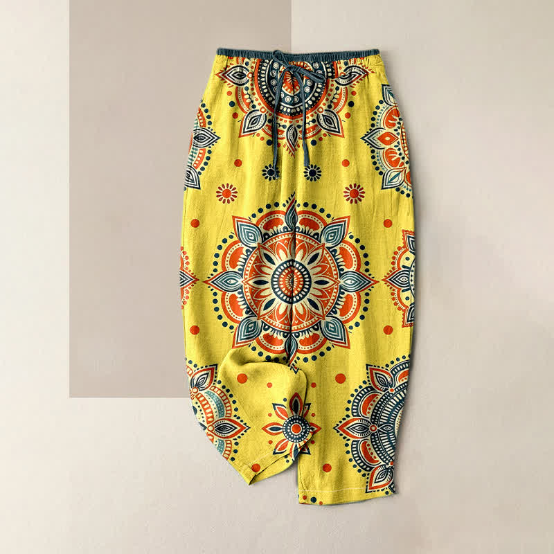Buddha Stones Pantaloni da donna in puro cotone con elastico in vita e tasche, fantasia floreale mandala. - Giallo - US16, UK/AU20, EU48 (3XL) - image 4