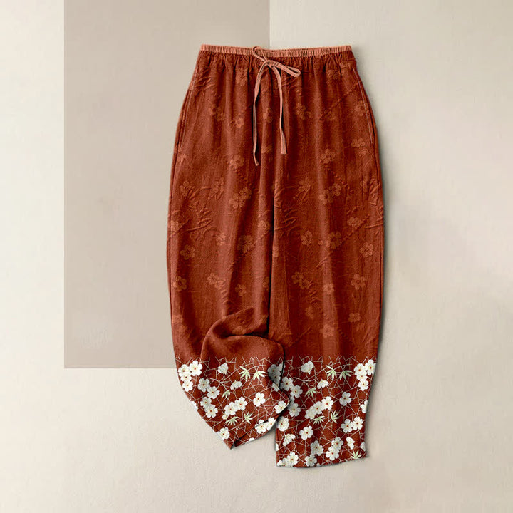 Buddha Stones Pantaloni da donna in puro cotone con fantasia floreale e vita elasticizzata, dotati di tasche. - Siena - US16, UK/AU20, EU48 (3XL) - image 0