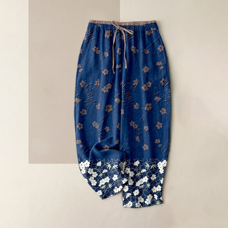 Buddha Stones Pantaloni da donna in puro cotone con fantasia floreale e vita elasticizzata, dotati di tasche. - Marina - US16, UK/AU20, EU48 (3XL) - image 3