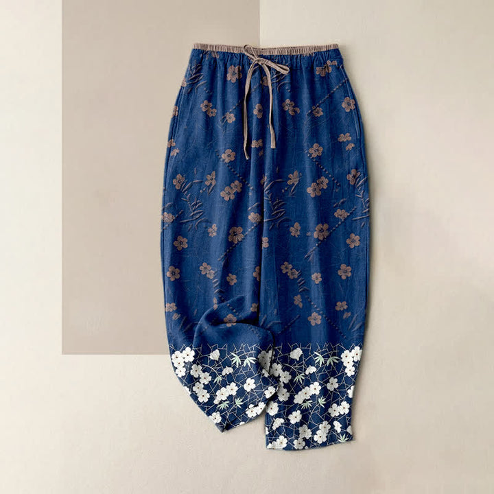 Buddha Stones Pantaloni da donna in puro cotone con fantasia floreale e vita elasticizzata, dotati di tasche. - Marina - US16, UK/AU20, EU48 (3XL) - image 3