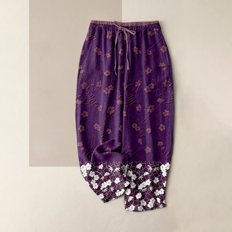 Buddha Stones Pantaloni da donna in puro cotone con fantasia floreale e vita elasticizzata, dotati di tasche. - Viola - US16, UK/AU20, EU48 (3XL) - image 4
