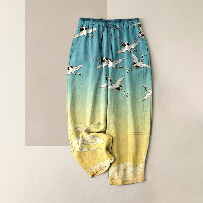 Buddha Stones Pantaloni da donna in puro cotone con elastico in vita e tasche, fantasia sfumata "Gru volante, nuvole". - Turchese - US16, UK/AU20, EU48 (3XL) - image 0