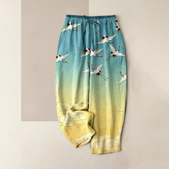 Buddha Stones Pantaloni da donna in puro cotone con elastico in vita e tasche, fantasia sfumata "Gru volante, nuvole". - Turchese - US16, UK/AU20, EU48 (3XL) - image 0