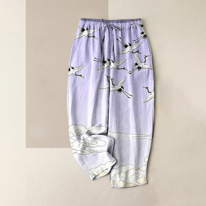 Buddha Stones Pantaloni da donna in puro cotone con elastico in vita e tasche, fantasia sfumata "Gru volante, nuvole". - Lavanda - US16, UK/AU20, EU48 (3XL) - image 3