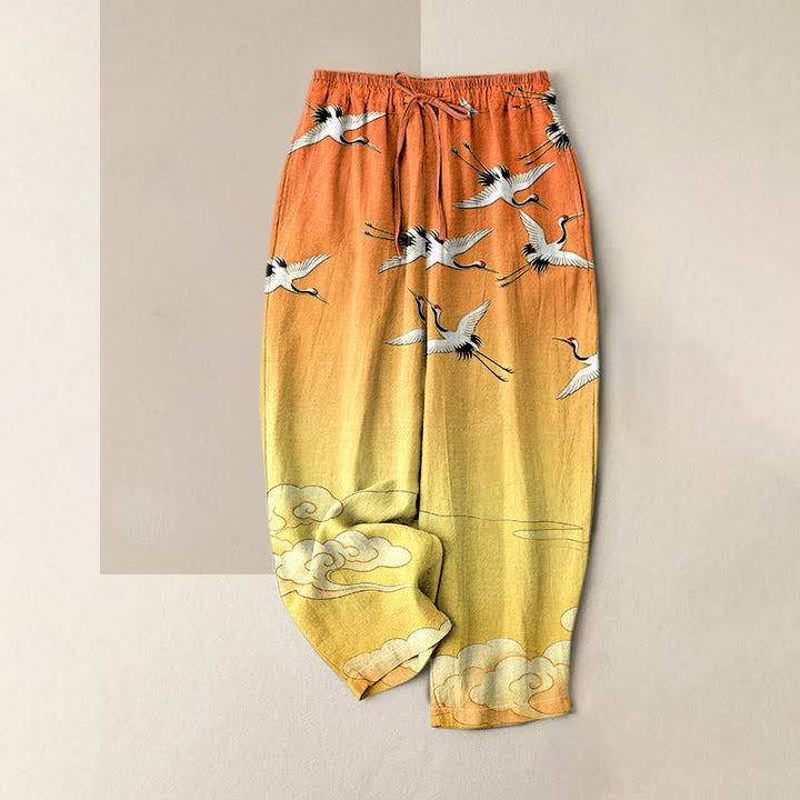 Buddha Stones Pantaloni da donna in puro cotone con elastico in vita e tasche, fantasia sfumata "Gru volante, nuvole". - Arancia - US16, UK/AU20, EU48 (3XL) - image 4