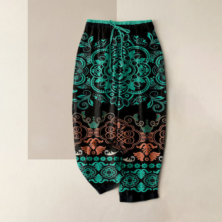 Buddha Stones Pantaloni da donna in puro cotone con elastico in vita e tasche, fantasia mandala. - Verde acqua - US16, UK/AU20, EU48 (3XL) - image 0