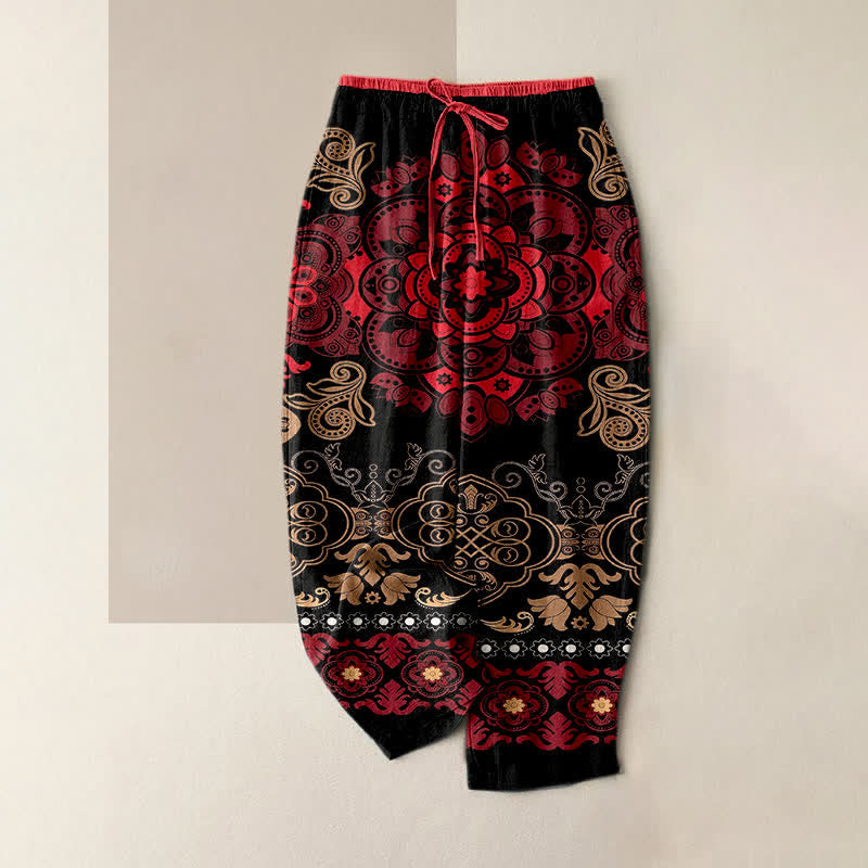 Buddha Stones Pantaloni da donna in puro cotone con elastico in vita e tasche, fantasia mandala. - Rosso - US16, UK/AU20, EU48 (3XL) - image 4