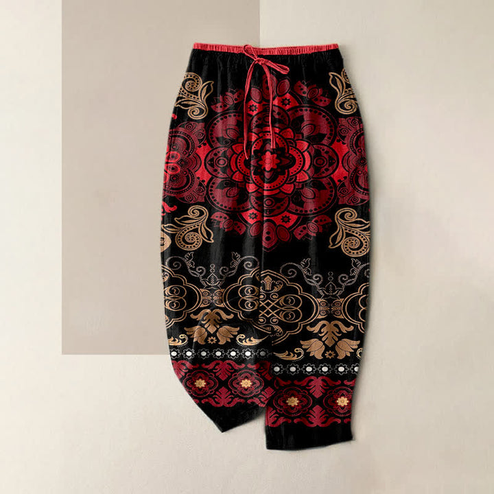 Buddha Stones Pantaloni da donna in puro cotone con elastico in vita e tasche, fantasia mandala. - Rosso - US16, UK/AU20, EU48 (3XL) - image 4