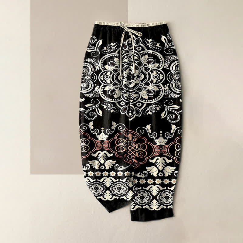 Buddha Stones Pantaloni da donna in puro cotone con elastico in vita e tasche, fantasia mandala. - Avorio - US16, UK/AU20, EU48 (3XL) - image 5