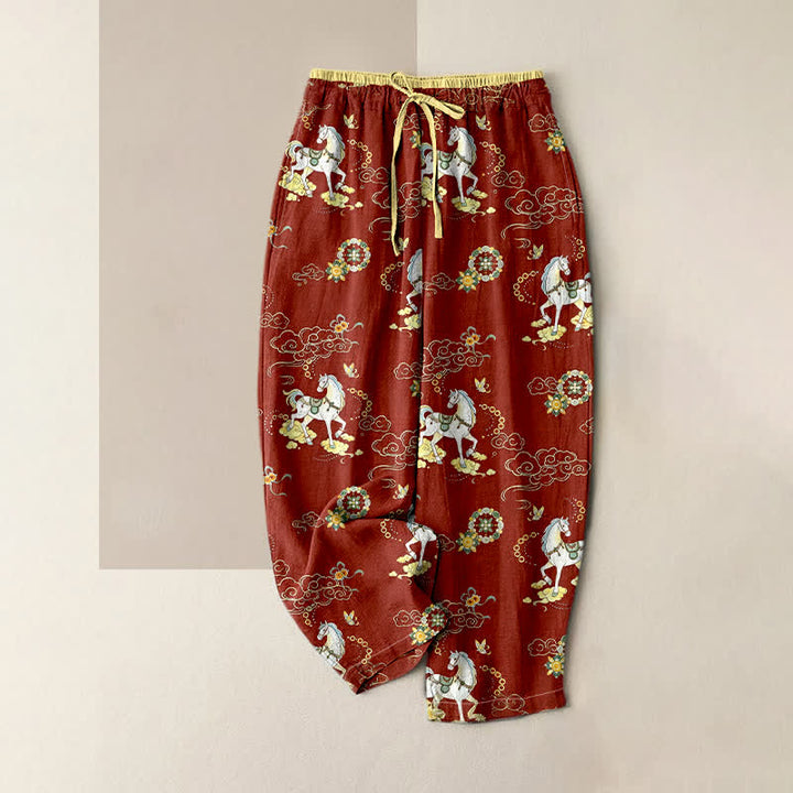 Buddha Stones Pantaloni da donna in puro cotone con elastico in vita e tasche, fantasia floreale equestre a nuvole. - Siena - US16, UK/AU20, EU48 (3XL) - image 0